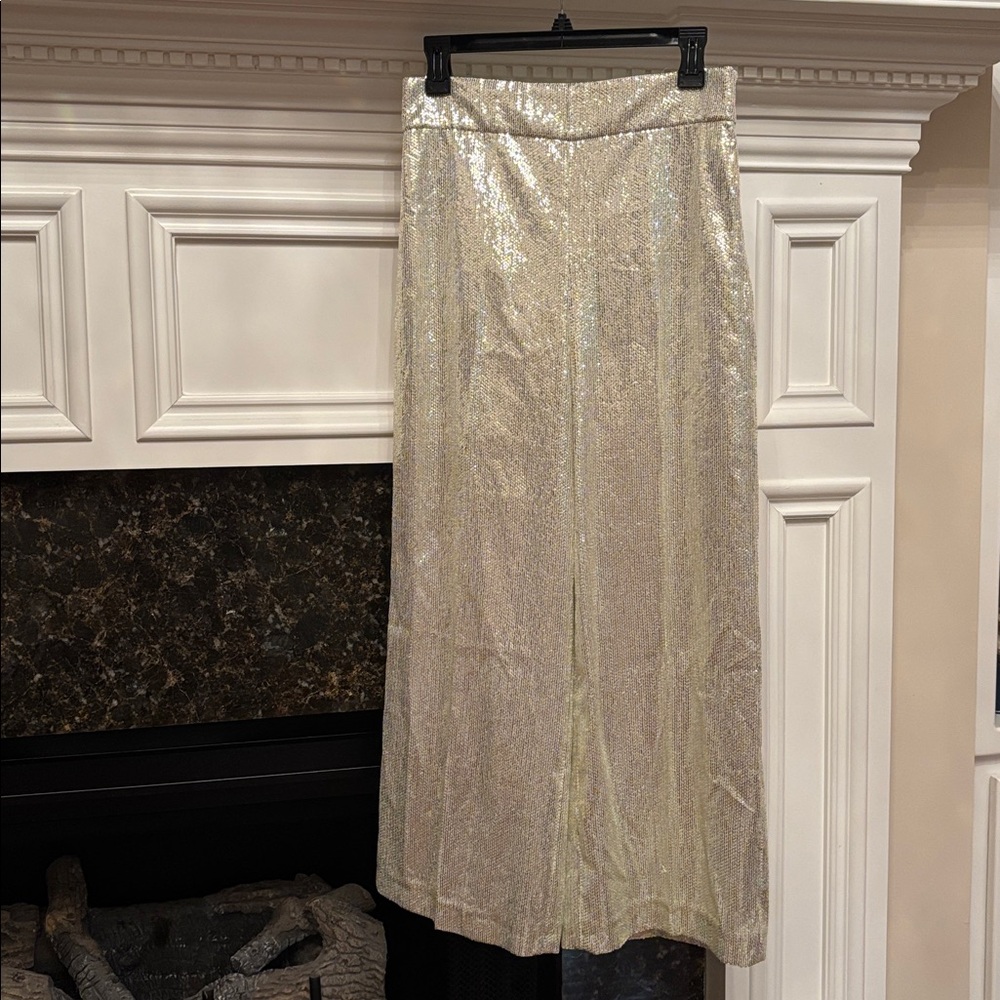 Zara gold sequined sparkly metallic wide leg pants sz.M - Picture 2 of 10